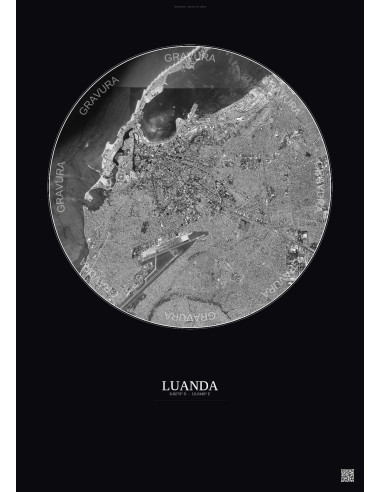 Affiche Luanda – Poster vue satellite 6km N&B | Gravura – Fond foncé