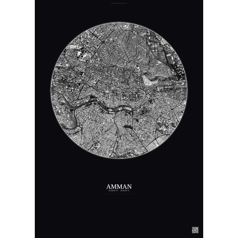 Affiche Amman – Poster vue satellite 2.5km N&B | Gravura – Fond foncé