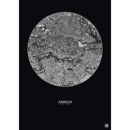 Affiche Amman – Poster vue satellite 2.5km N&B | Gravura – Fond foncé