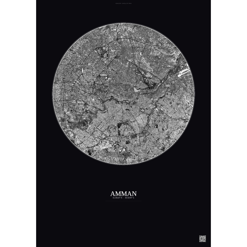 Affiche Amman – Poster vue satellite 6km N&B | Gravura – Fond foncé