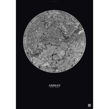 Affiche Amman – Poster vue satellite 6km N&B | Gravura – Fond foncé