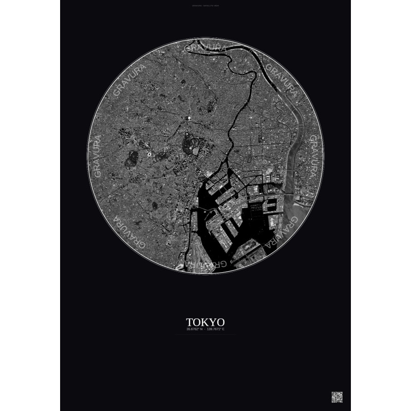 Affiche Tokyo – Poster vue satellite 10km N&B | Gravura – Fond foncé