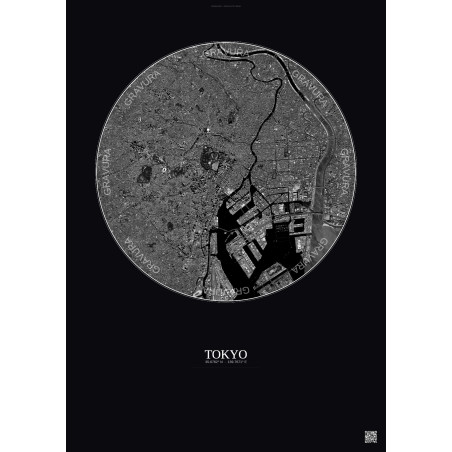 Affiche Tokyo – Poster vue satellite 10km N&B | Gravura – Fond foncé