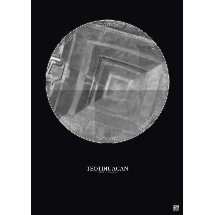 Affiche Teotihuacan – Poster vue satellite 0.1km N&B | Gravura – Fond foncé