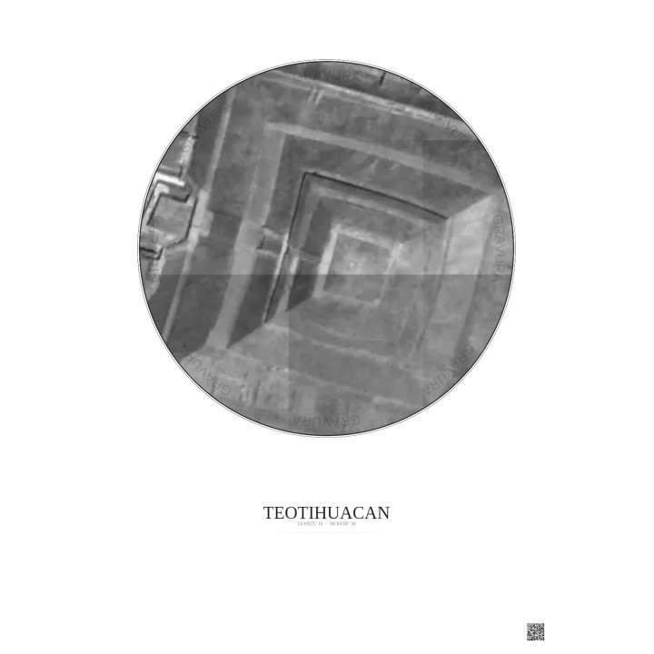 Teotihuacan Satellite View Poster 0.1km B&W | Gravura – Light background