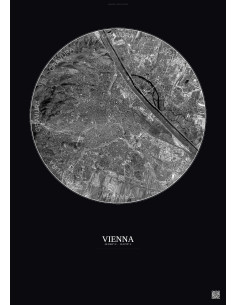 Affiche Vienna – Poster vue satellite 10km N&B | Gravura – Fond foncé