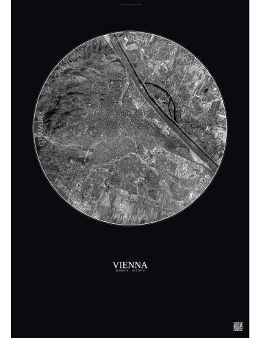 Affiche Vienna – Poster vue satellite 10km N&B | Gravura – Fond foncé
