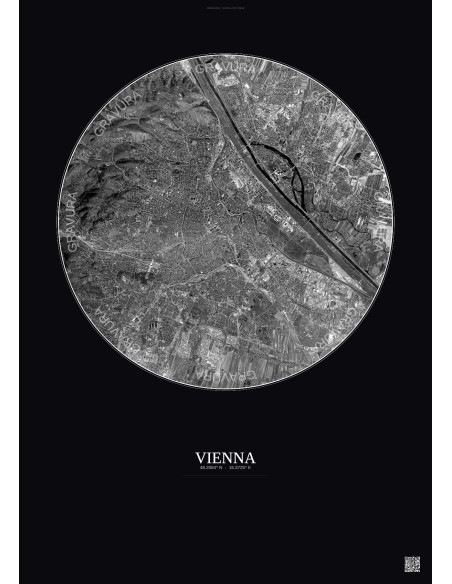 Affiche Vienna – Poster vue satellite 10km N&B | Gravura – Fond foncé
