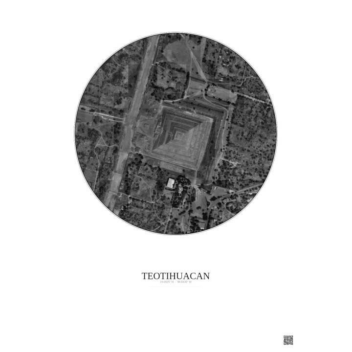 Teotihuacan Satellite View Poster 0.5km B&W | Gravura – Light background