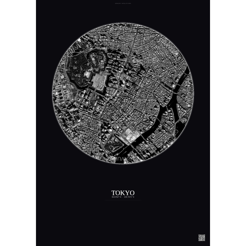 Affiche Tokyo – Poster vue satellite 2.5km N&B | Gravura – Fond foncé