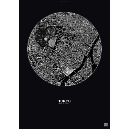 Affiche Tokyo – Poster vue satellite 2.5km N&B | Gravura – Fond foncé