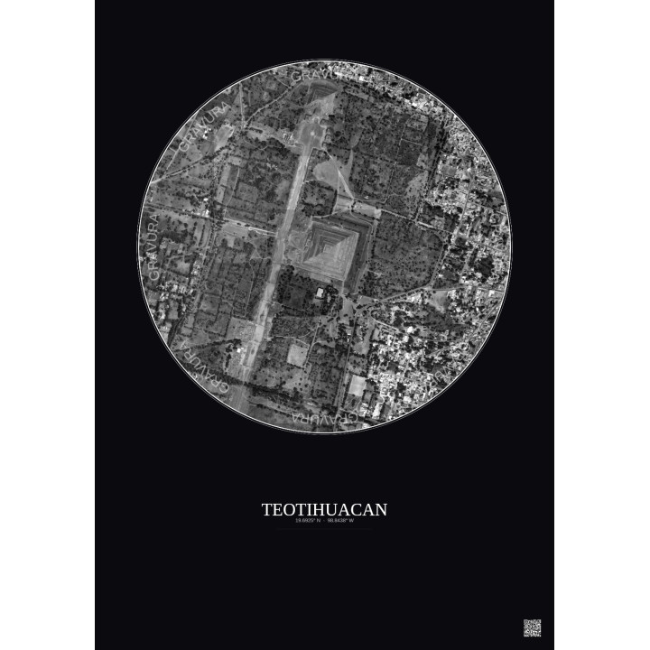 Affiche Teotihuacan – Poster vue satellite 1km N&B | Gravura – Fond foncé