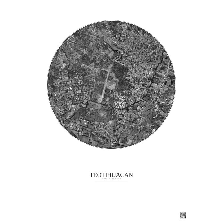 Affiche Teotihuacan – Poster vue satellite 2.5km N&B | Gravura – Fond clair