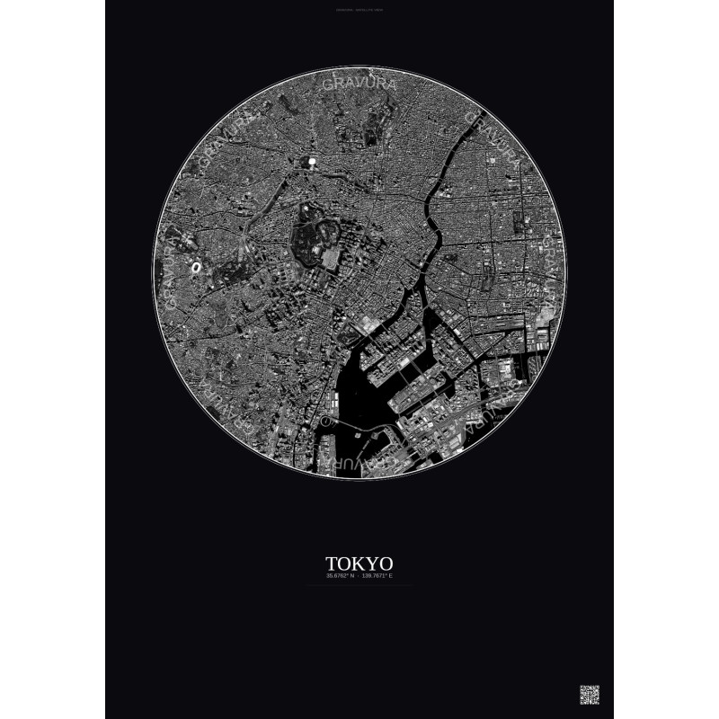 Affiche Tokyo – Poster vue satellite 6km N&B | Gravura – Fond foncé