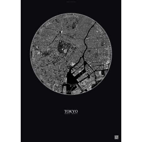 Affiche Tokyo – Poster vue satellite 6km N&B | Gravura – Fond foncé