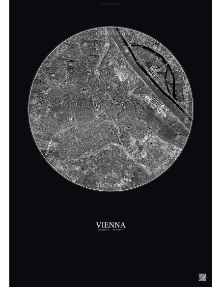 Affiche Vienna – Poster vue satellite 6km N&B | Gravura – Fond foncé