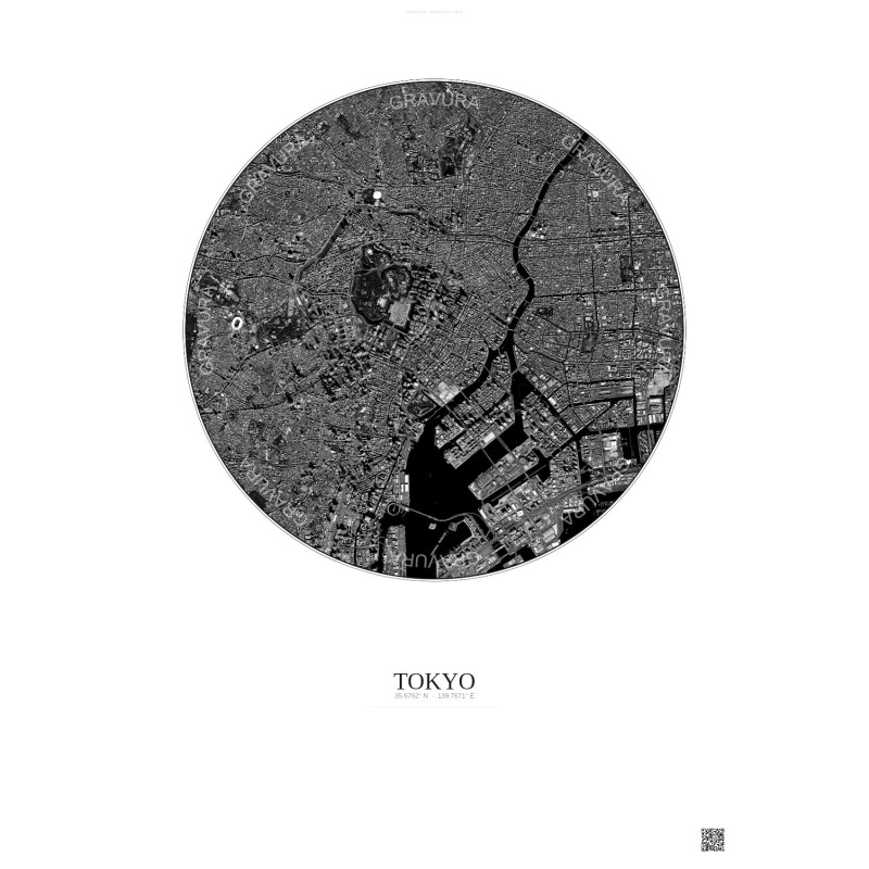 Affiche Tokyo – Poster vue satellite 6km N&B | Gravura – Fond clair