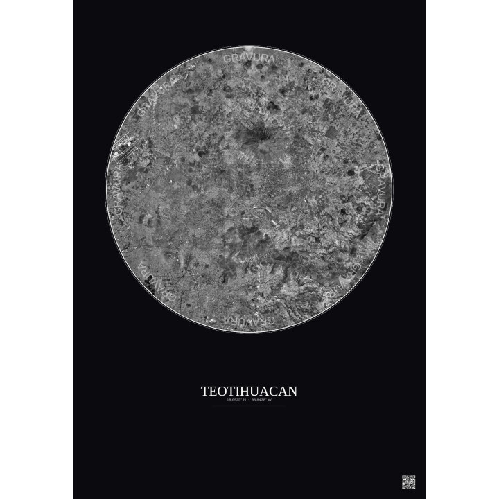 Affiche Teotihuacan – Poster vue satellite 20km N&B | Gravura – Fond foncé