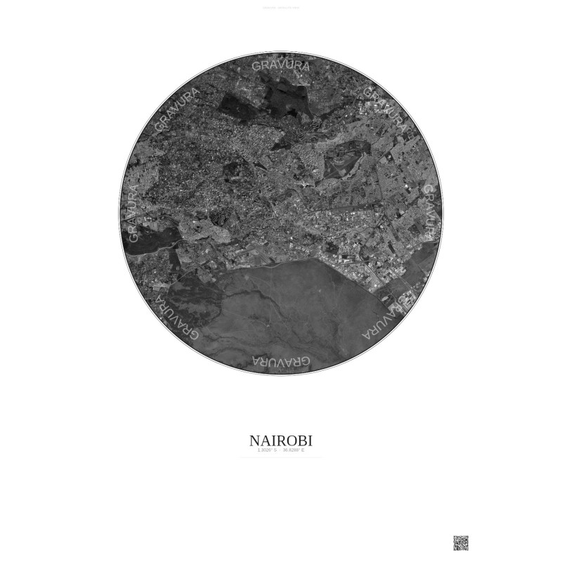Nairobi Satellite View Poster 10km B&W | Gravura – Light background