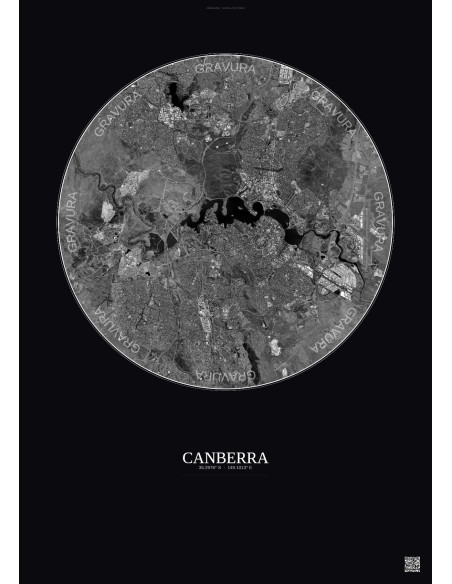 Affiche Canberra – Poster vue satellite 10km N&B | Gravura – Fond foncé