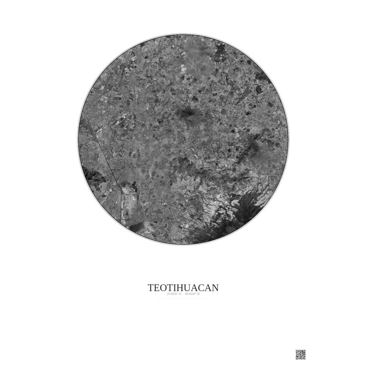Affiche Teotihuacan – Poster vue satellite 30km N&B | Gravura – Fond clair