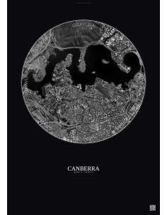 Affiche Canberra – Poster vue satellite 2.5km N&B | Gravura – Fond foncé
