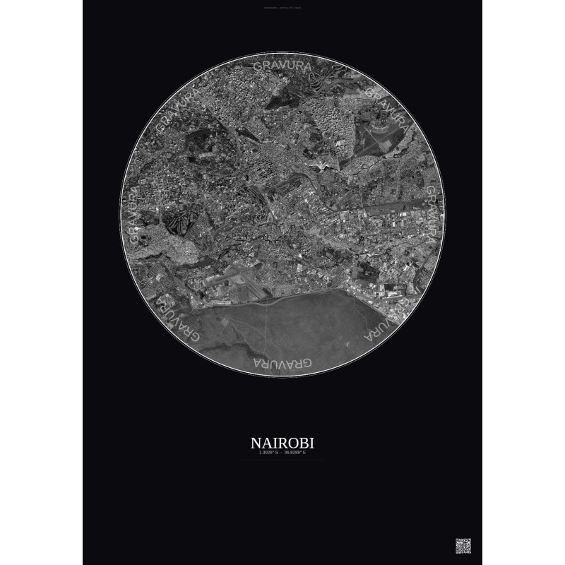 Affiche Nairobi – Poster vue satellite 6km N&B | Gravura – Fond foncé