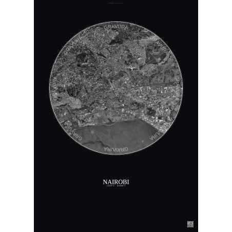 Affiche Nairobi – Poster vue satellite 6km N&B | Gravura – Fond foncé
