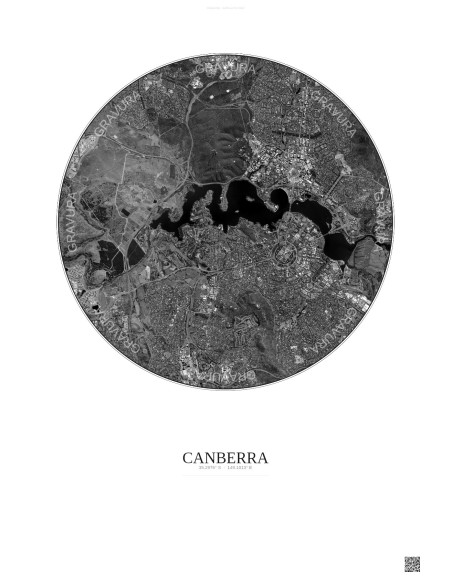 Affiche Canberra – Poster vue satellite 6km N&B | Gravura – Fond clair