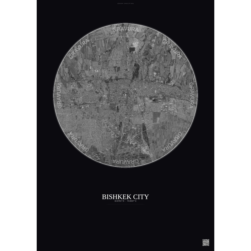 Affiche Bishkek City – Poster vue satellite 10km N&B | Gravura – Fond foncé