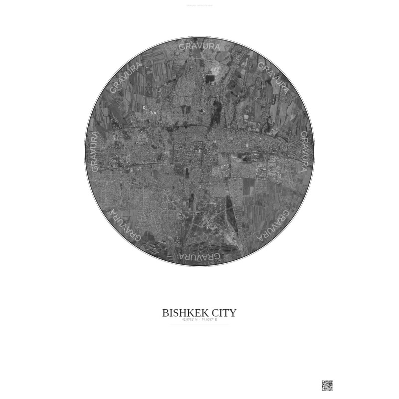 Affiche Bishkek City – Poster vue satellite 10km N&B | Gravura – Fond clair