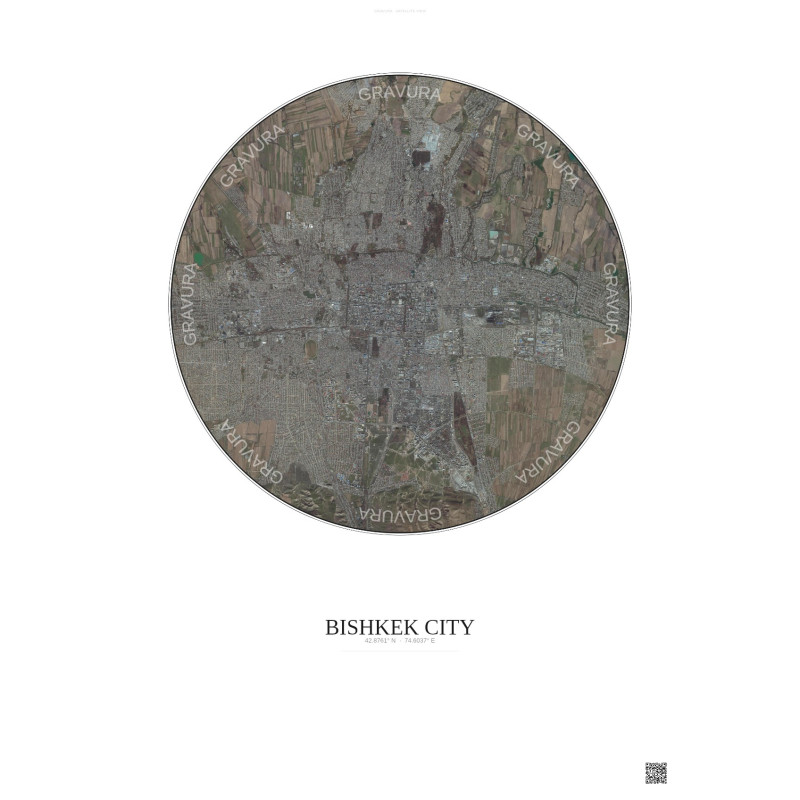 Affiche Bishkek City – Poster vue satellite 10km Couleur | Gravura – Fond clair