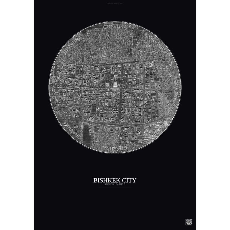 Affiche Bishkek City – Poster vue satellite 2.5km N&B | Gravura – Fond foncé