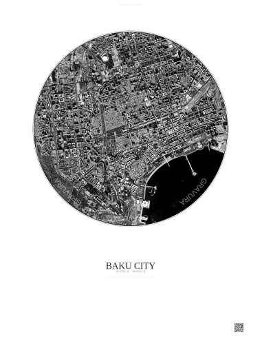 Affiche Baku City – Poster vue satellite 2.5km N&B | Gravura – Fond clair