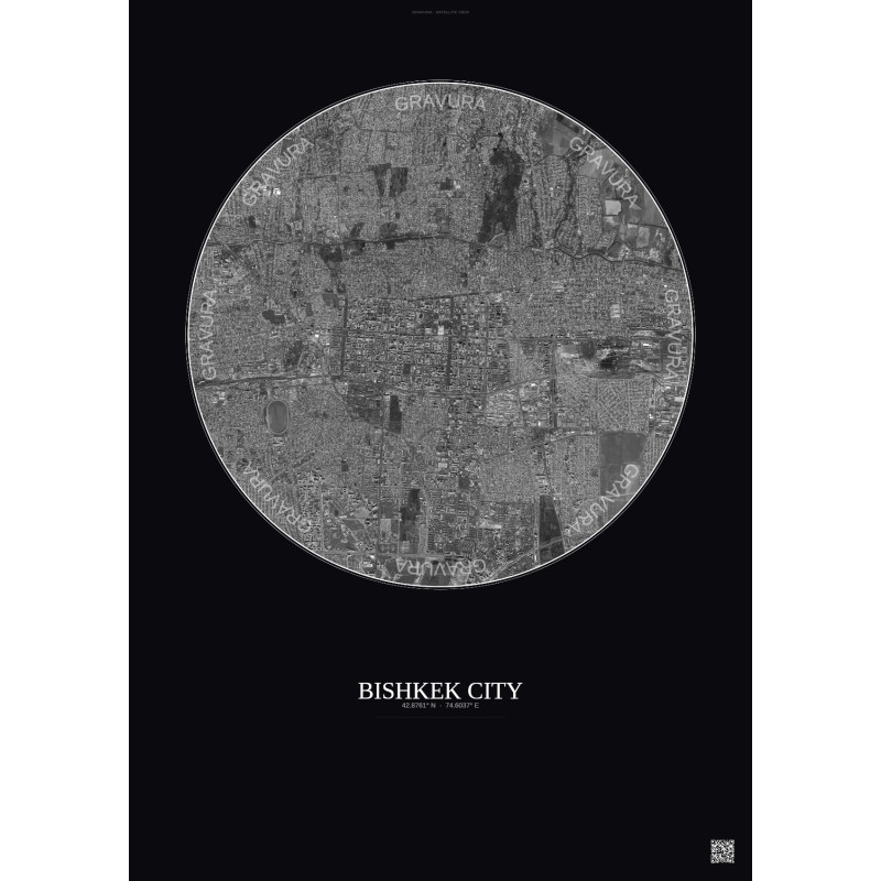 Affiche Bishkek City – Poster vue satellite 6km N&B | Gravura – Fond foncé