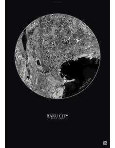 Affiche Baku City – Poster vue satellite 6km N&B | Gravura – Fond foncé