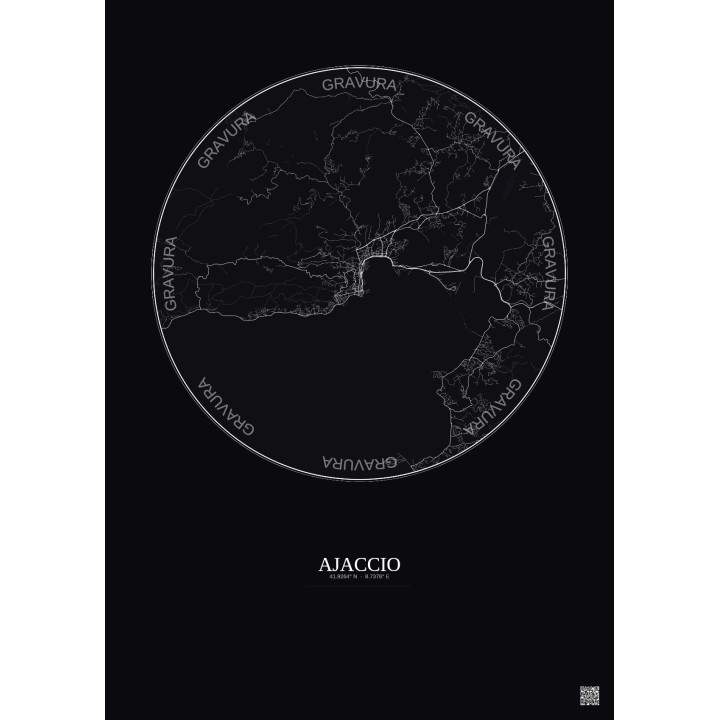 Affiche Ajaccio – Poster carte de ville 10km | Gravura – Fond foncé