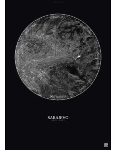 Affiche Sarajevo – Poster vue satellite 10km N&B | Gravura – Fond foncé