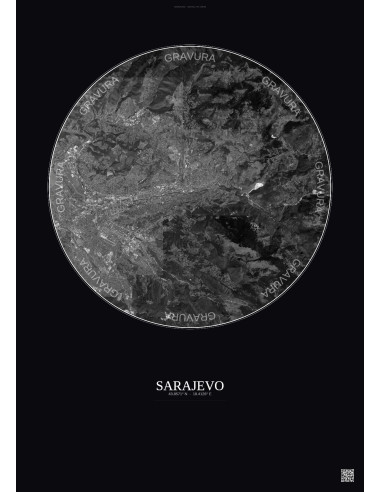 Sarajevo Satellite View Poster 10km B&W | Gravura – Dark background