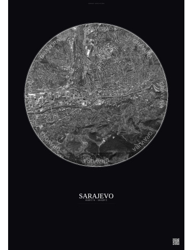 Affiche Sarajevo – Poster vue satellite 2.5km N&B | Gravura – Fond foncé