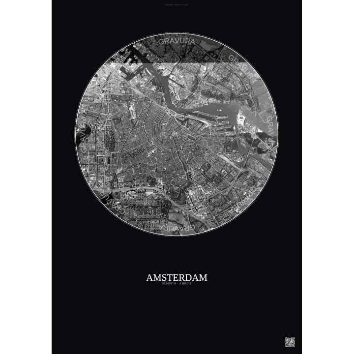 Affiche Amsterdam – Poster vue satellite 6km N&B | Gravura – Fond foncé