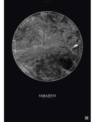Affiche Sarajevo – Poster vue satellite 6km N&B | Gravura – Fond foncé