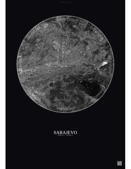 Affiche Sarajevo – Poster vue satellite 6km N&B | Gravura – Fond foncé