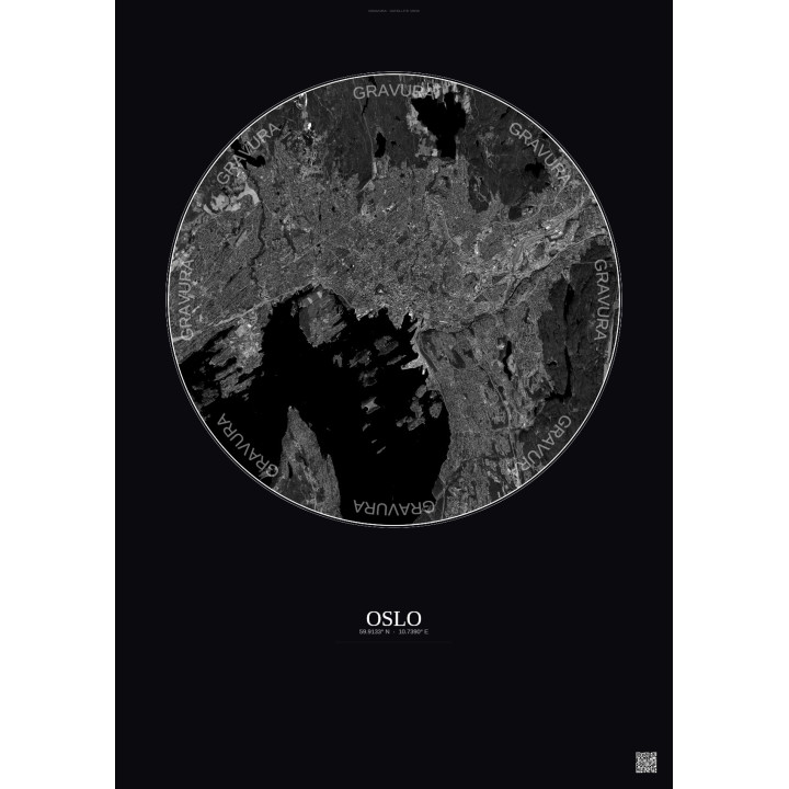 Affiche Oslo – Poster vue satellite 10km N&B | Gravura – Fond foncé