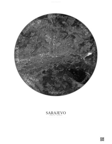Sarajevo Satellite View Poster 6km B&W | Gravura – Light background