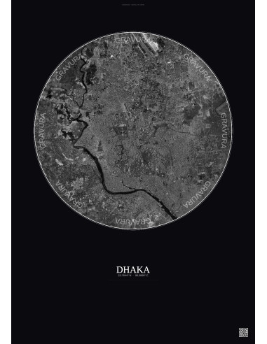 Dhaka Satellite View Poster 10km B&W | Gravura – Dark background