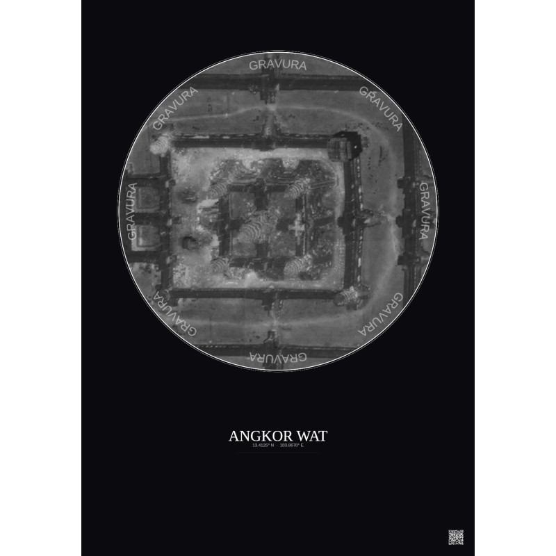 Affiche Angkor Wat – Poster vue satellite 0.1km N&B | Gravura – Fond foncé