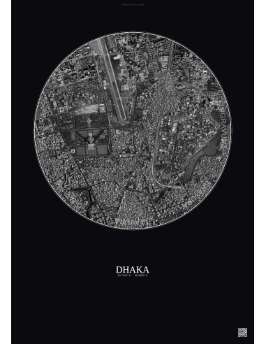 Affiche Dhaka – Poster vue satellite 2.5km N&B | Gravura – Fond foncé