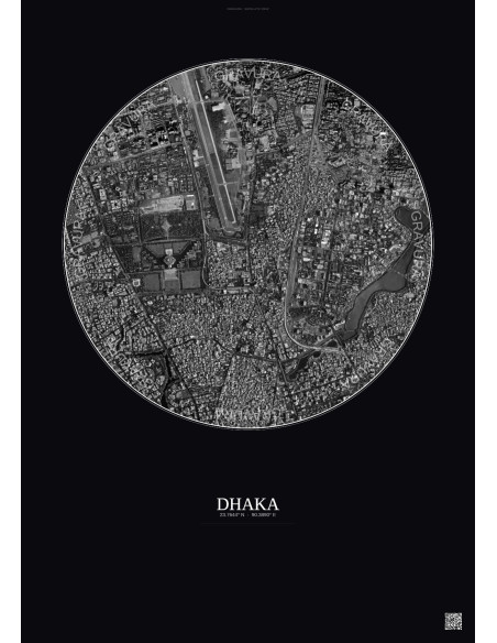 Affiche Dhaka – Poster vue satellite 2.5km N&B | Gravura – Fond foncé