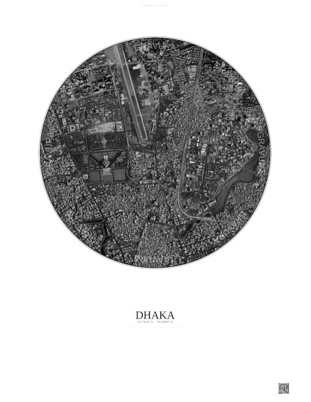 Affiche Dhaka – Poster vue satellite 2.5km N&B | Gravura – Fond clair